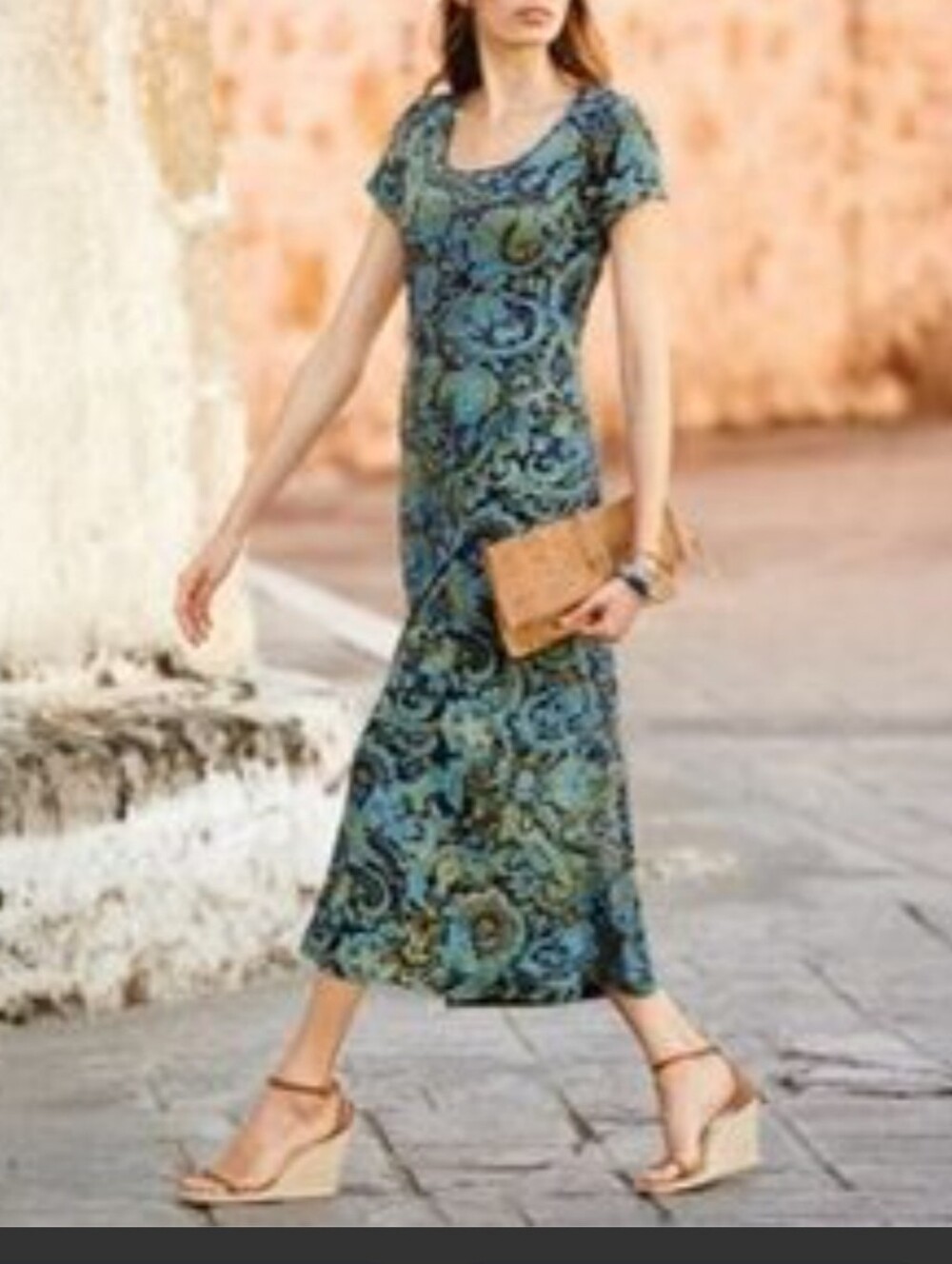 Peruvian Connection Blue-Green Paisley Malabar Short Sleeve Pima Cotn Maxi Dress